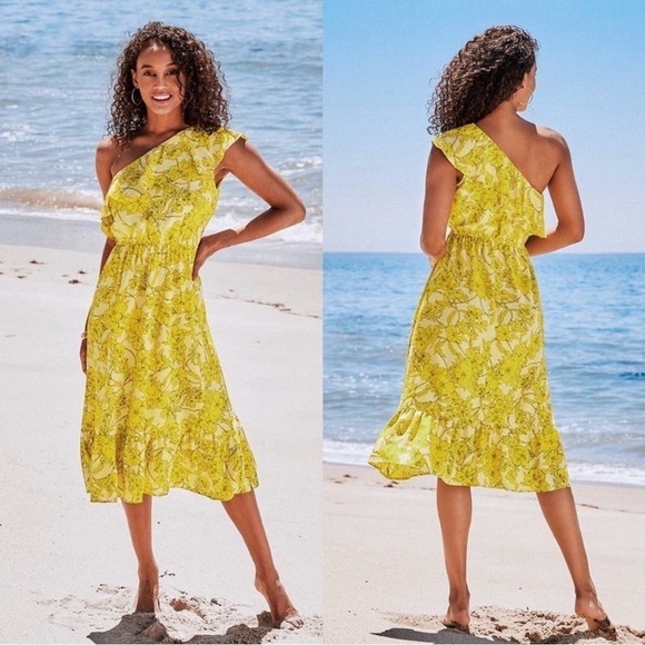 CUPSHE YELLOW FLORAL PRINT ONE  SHOULDER WOMEN SUMMER DRESS SIZE XS BRAND NEW - Picture 1 of 11